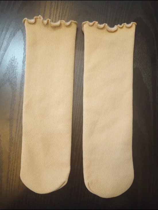 Brown Soft Ribbed Fleece-lined Ruffle Crew Mid-calf Socks
