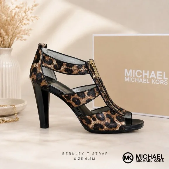 Michael Kors Berkley T Strap Haircalf Leopard Heels Women's 6.5M w/ Box