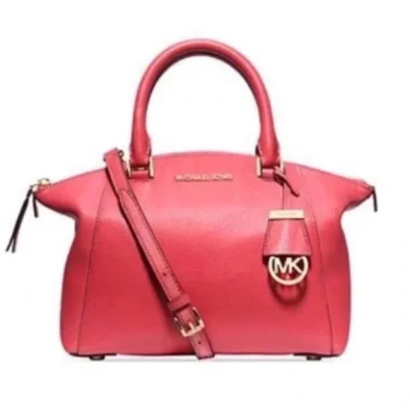 Michael Kors Pebbled Leather Coral Riley Satchel/Crossbody with Gold Hardware
