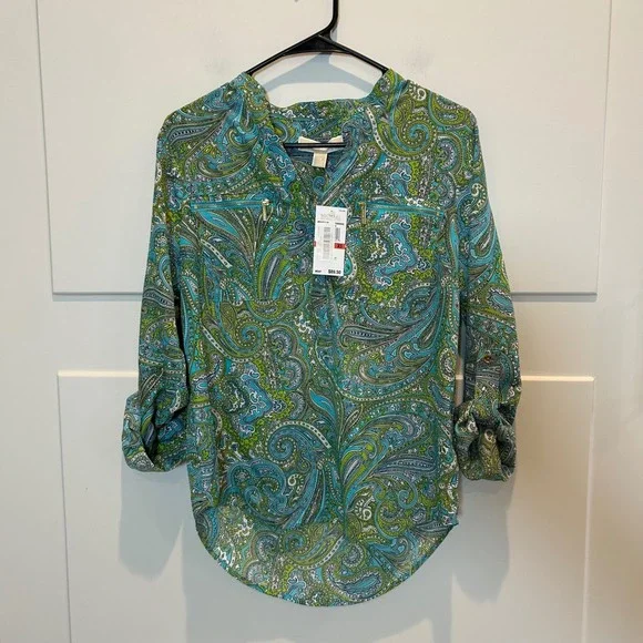 Michael Kors Turquoise Paisley‎ Print Roll Tab Sleeve Green Shirt XS MSRP $89