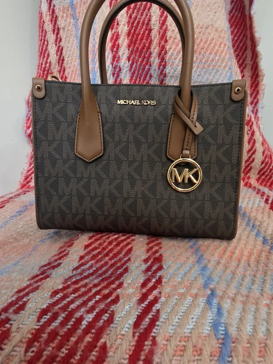 Michael Kors Dark Brown Logo Satchel with Gold MK Charm
