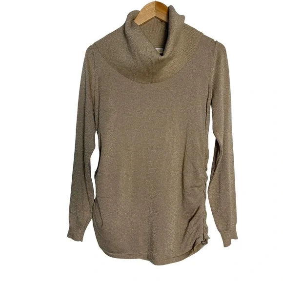 Michael Kors Sweater Womens L Cowl Neck Gold Metallic Side Ruched Zip EUC