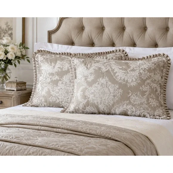 J‎ Queen New York King Sham Pair Taupe Ivory Damask Ruffle Padded Pillow Covers
