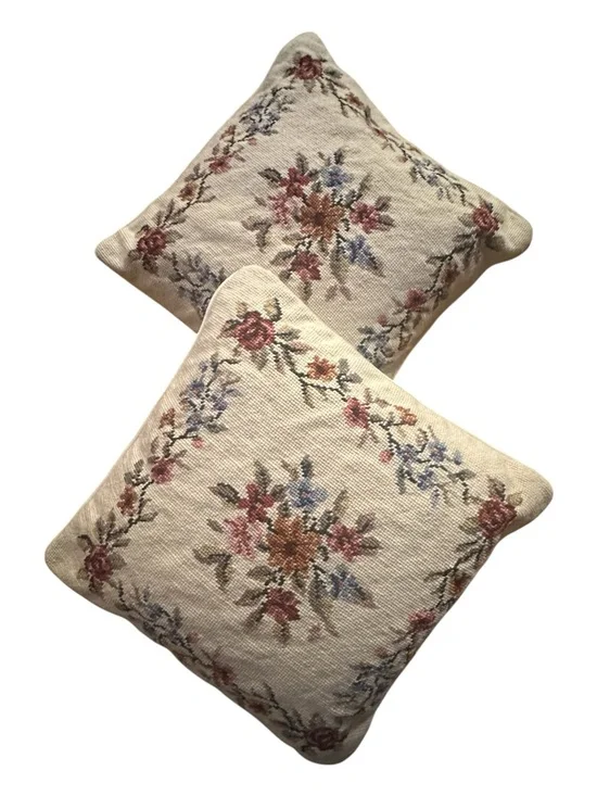 Floral Needlepoint Ivory Toss Pillow - Set of 2