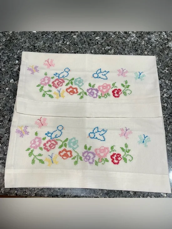 Handmade Needlepoint Floral Bluebird Butterfly Standard Pillowcase Pair