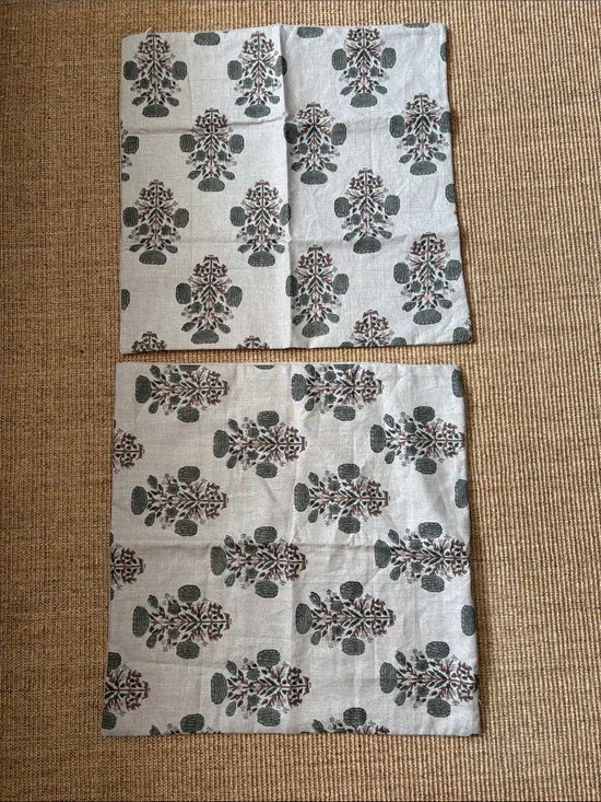 Printed Botanical Linen Pillow Sham - Green on Cream
