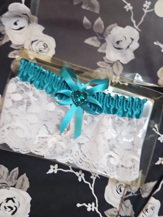 Vintage 90s Teal Satin & White Lace Decorative Bridal Garter With Box