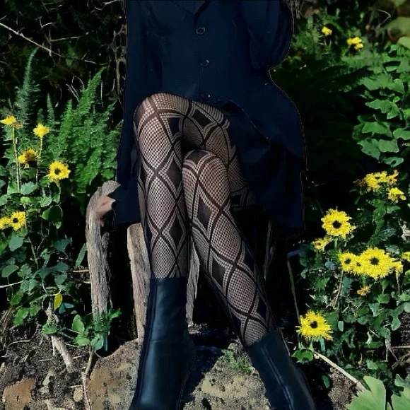 Argyle Jacquard Hollow Out Tights High Waist Comfy Pantyhose Black One Size‎