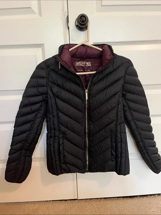Michael Kors Black Quilted Puffer Jacket with Plum Interior‎