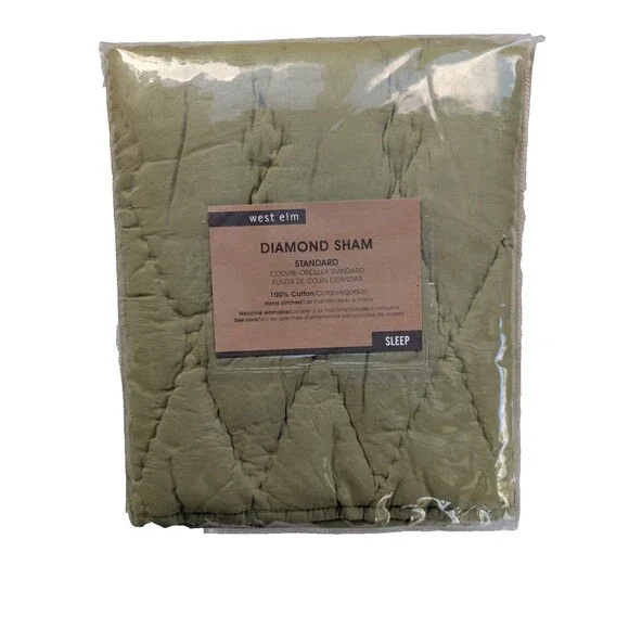 West Elm Diamond Sham Standard Olive Green 100% Cotton Quilted Pillow Sham NIP