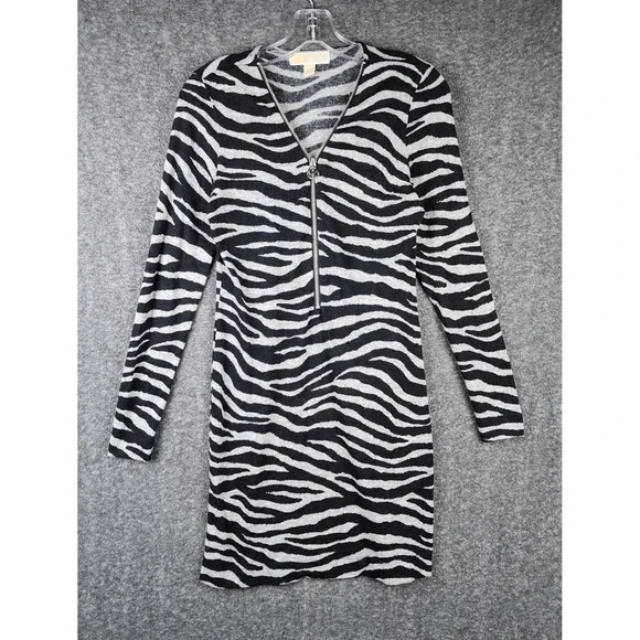 Michael Kors Dress Womens S Zebra Print Black Grey Half-Zip Long Sleeve EUC