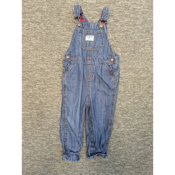 OshKosh B'gosh Denim Overalls Kid's‎ 24M Blue Plaid Lined Adjustable Straps