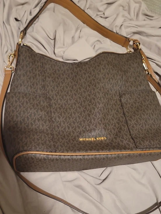 Michael Kors Brown MK Logo Shoulder Hobo with Tan Trim