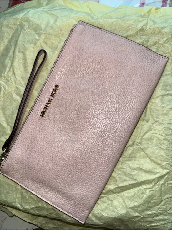 Michael Kors Pink Pebbled Leather Wristlet Clutch with Gold-Tone Logo