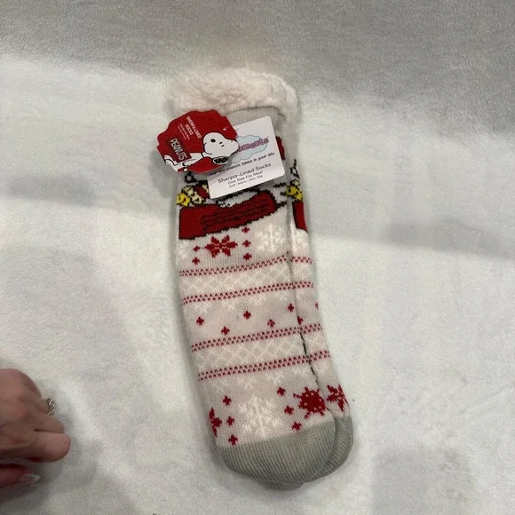 Peanuts Snoopy Sherpa Lined Slipper Socks White Red Fair Isle Non-Slip NWT‎
