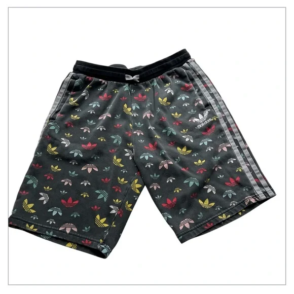 adidas Kids' Distressed Black Trefoil Multicolor 3-Stripe Logo Shorts SZ YL