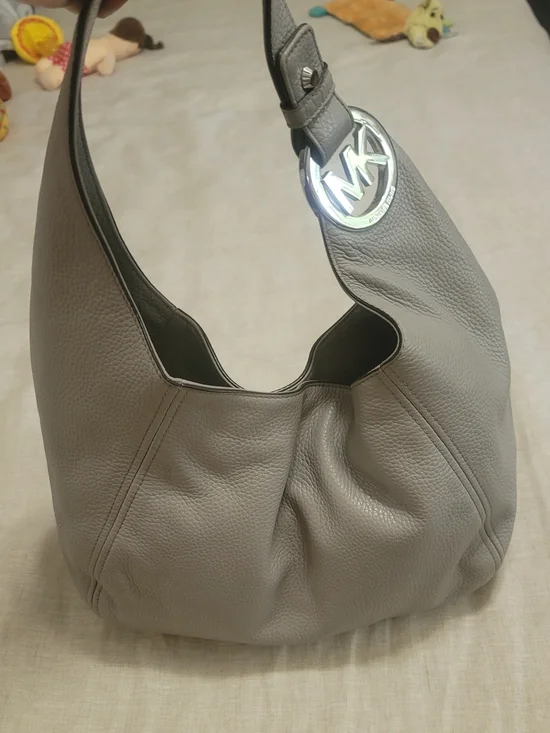 Michael Kors Pebbled Leather Hobo Bag in Light Gray with Silver MK Charm