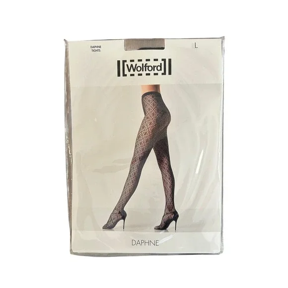 Wolford Daphne Boutique Black‎ Lace Pattern Tights Size L Sheer Pantyhose