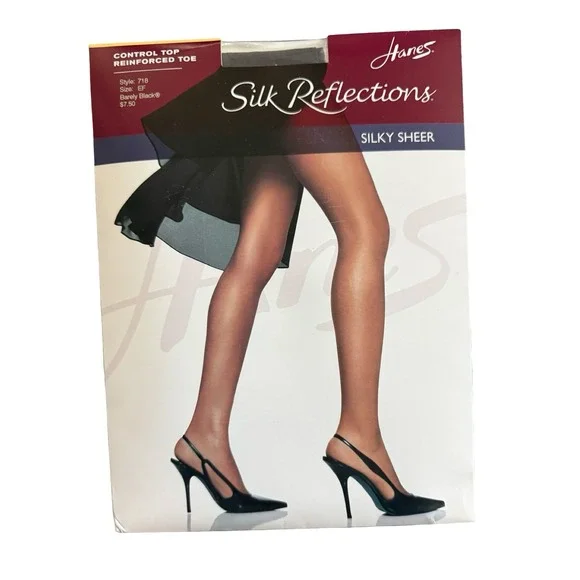 Hanes Silk Reflections Sheer Control Top Pantyhose Barely Black Size‎ EF 718