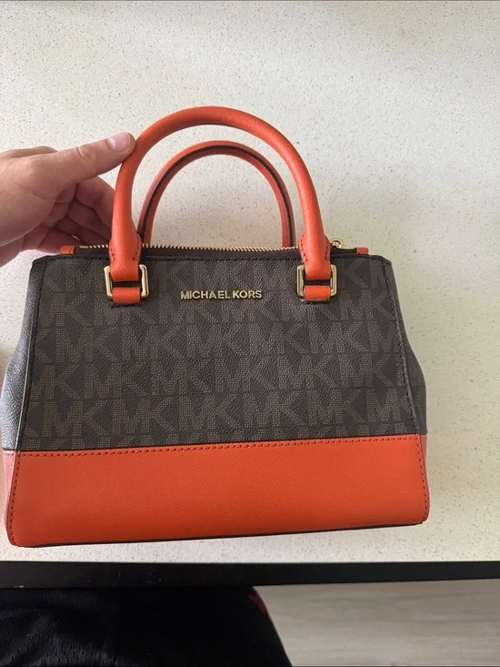 Michael Kors Brown MK Logo Satchel with Orange Trim and Handles