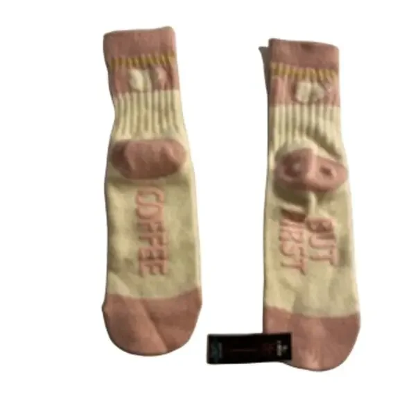 No Boundaries Cow Socks “But First Coffee” Pink Cozy One Size