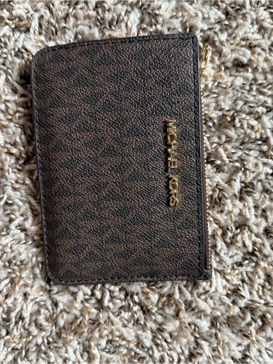 Michael Kors Dark Brown Monogram Zip Card Wallet with Gold Logo