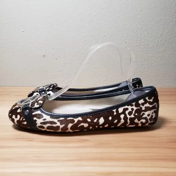 Michael Kors Women's 7 Calfhair Ballet Logo Flats Brown‎ Tan Cow Print Western
