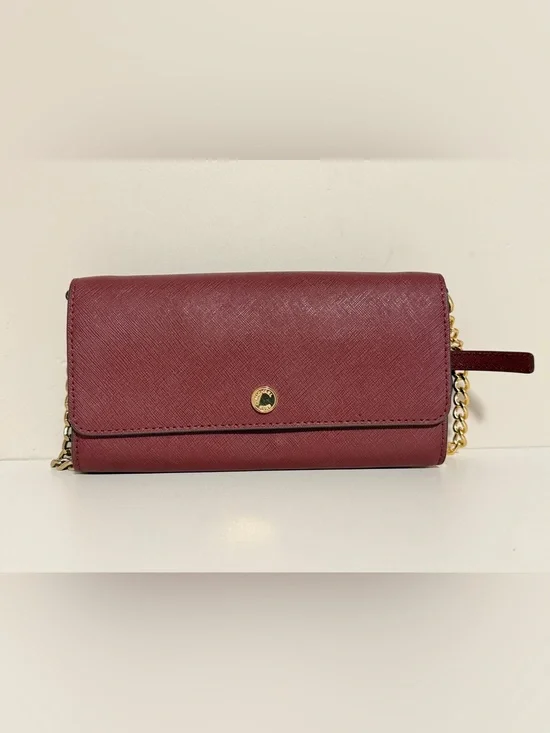 Michael Kors Small Logo Signature Clutch Wallet Crossbody On A Chain - Burgundy