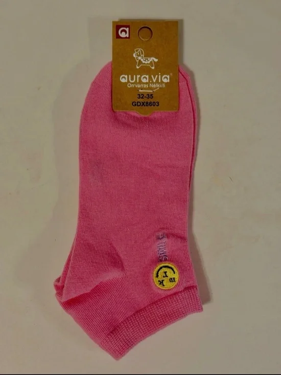 Aura-Via Pink Cotton Blend Crew Socks Smiley Face from Budapest Hungary New