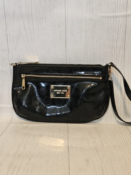Michael Kors- Black Patent Logo Wristlet Clutch with Gold Hardware