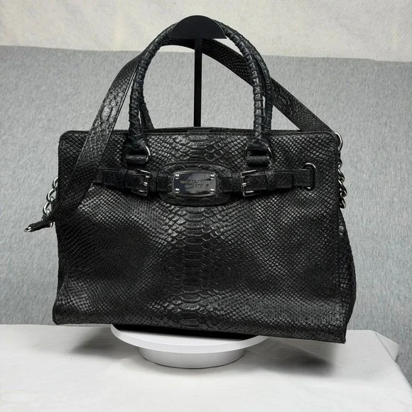 Michael Kors Hamilton Black Snakeskin Embossed Leather Satchel Handbag Silver HW