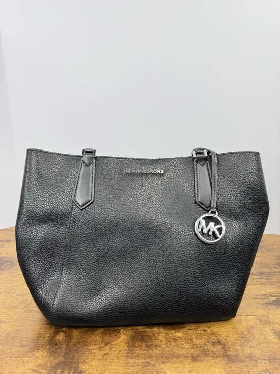 Michael Kors Kimberly Large Leather Top Zip Bonded Tote Solid Black Silver Charm