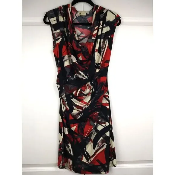 Michael Kors Sleeveless Sheath Dress L Ruched Side Cowl Neck Black Red Blaze NWT