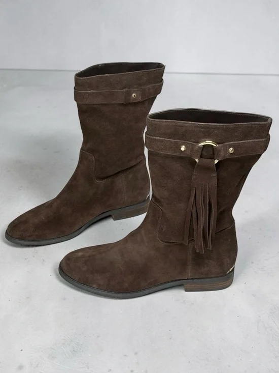 Michael Kors Rhea Brown Suede Fringe Mid-Calf Bootie Boots 7.5M