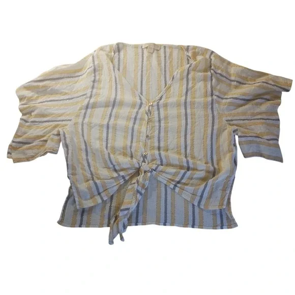 Michael Kors Striped Tie Front Top Womens XL Yellow Metallic Butterfly Sleeve‎