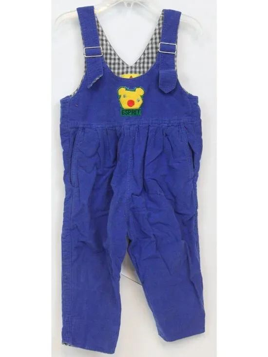 VTG 1990s Esprit Kids Boys Overalls sz 24m Blue Plaid Bear Head Velour Adjustabl