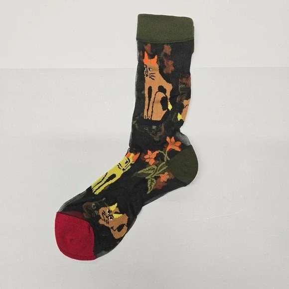 New Womens Sheer Mesh Socks Black Cat Floral‎ Print Crew Socks Fashion