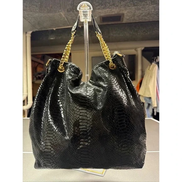 Michael‎ Kors Black Snakeskin Embossed Leather Hobo Bag Gold Chain Shoulder Bag