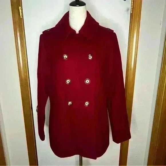 Michael Kors Wool Blend Peacoat‎ Jacket Button Down Women Large Red Lined Warm