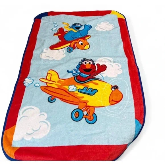 2009 Sesame Street Elmo Cookie Monster Airplane Baby Blanket 30x45 Plush