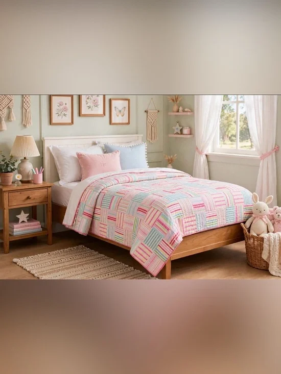 Pottery Barn Kids Patchwork Quilt Full/Queen 86x86 Pink Pastel Stripe Reversible