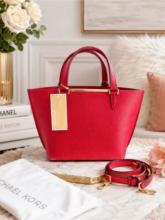 NWT Red Michael Kors Pebbled Leather Top Handle Satchel Crossbody Bag