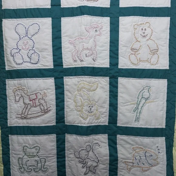 Vintage Cross Stitched‎ Baby Quilt Completed 55X42