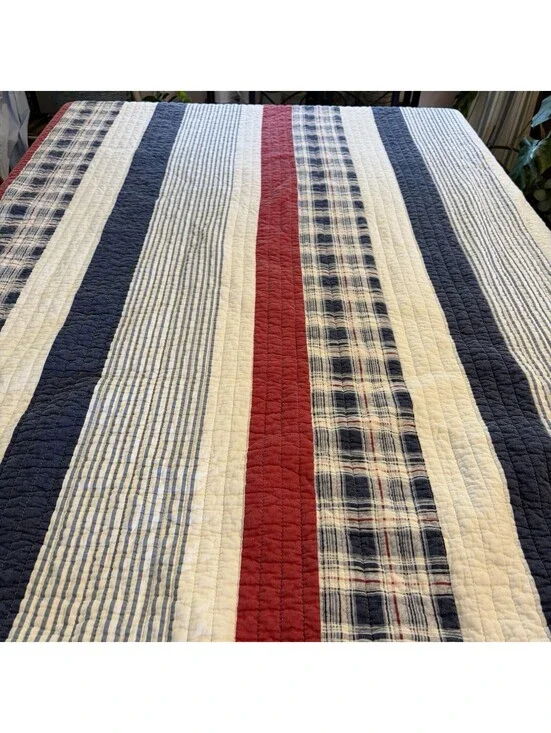 Cotton Quilt Twin Red White Blue Stripe And Plaid Comfy And Preowned Well Loved