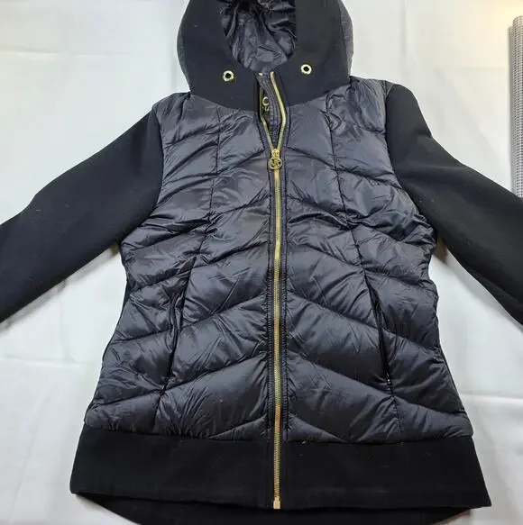 Michael Kors women's black hooded puffer jacket with gold-tone hardware Size S