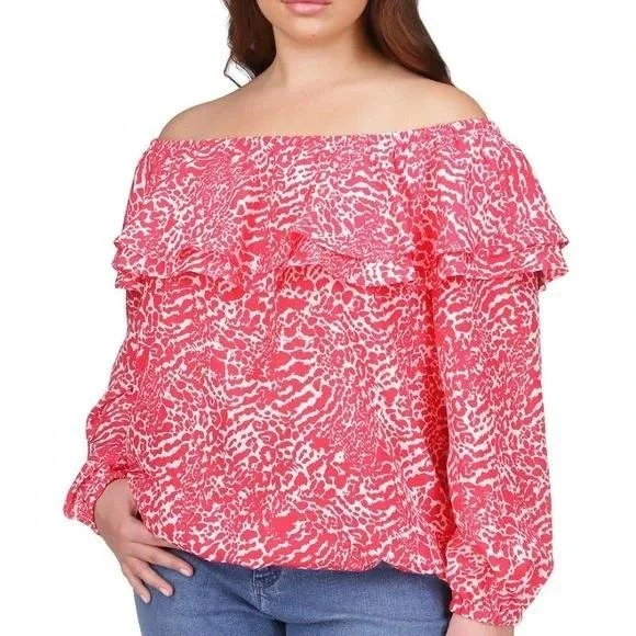Michael Kors Ruffled Off Shoulder Blouse Animal Print Top Sz 0X‎ / #7229