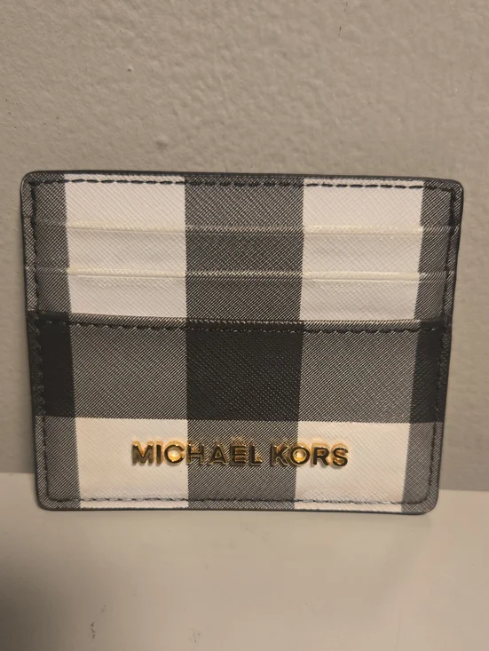 Michael Kors Black and White Check Card Case with Gold Logo