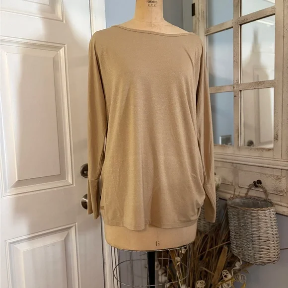 Michael Kors Gold Metallic Festive Lustrous Gleaming Blouse side Ruching Size XL