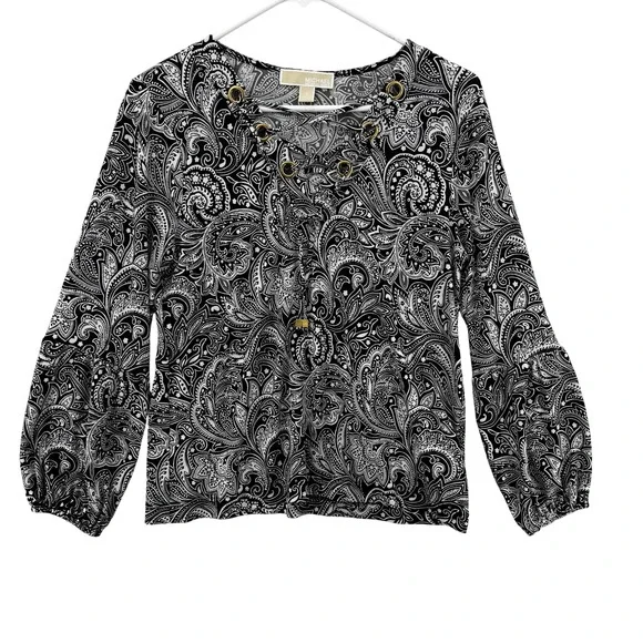 Michael Kors Blouse Womens Small Paisley Print‎ Lace Up Long Sleeve Top