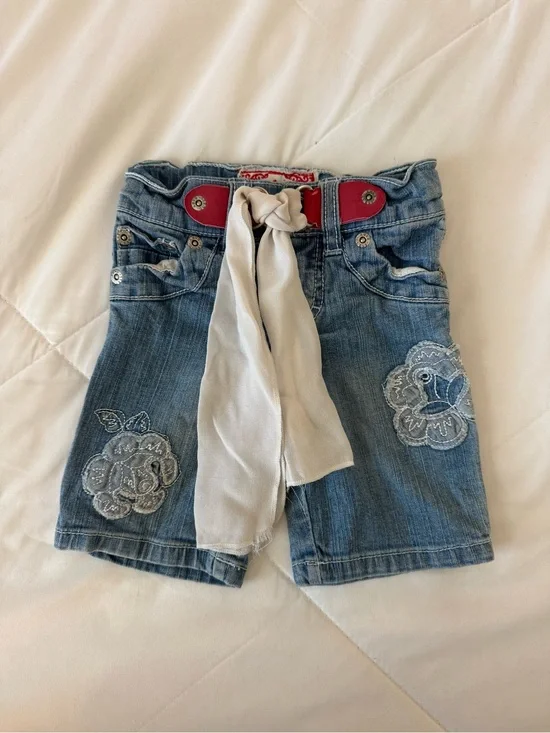 Vintage Guess Blue Denim Jeans with Cream Tie and Red Waist Accents